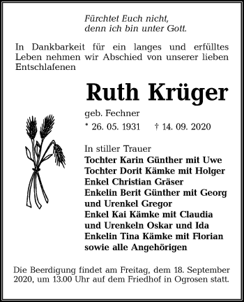 Traueranzeige von Ruth Krüger von lausitzer_rundschau