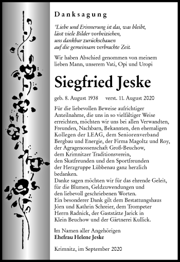 Traueranzeige von Siegfried Jeske von lausitzer_rundschau