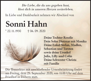Traueranzeige von Sonni Hahn von lausitzer_rundschau