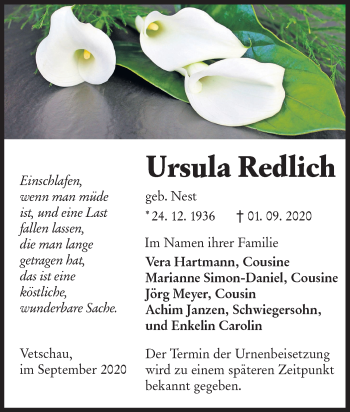 Traueranzeige von Ursula Redlich von lausitzer_rundschau