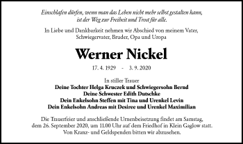 Traueranzeige von Werner Nickel von lausitzer_rundschau