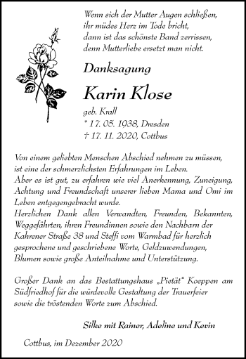 Traueranzeige von Karin Klose von lausitzer_rundschau