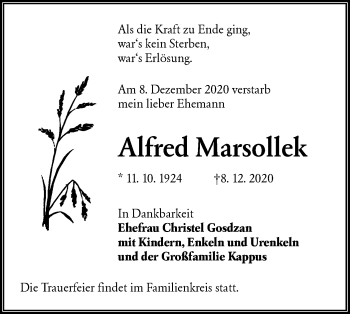 Traueranzeige von Alfred Marsollek von lausitzer_rundschau