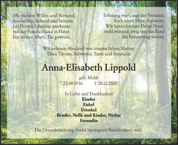 Traueranzeige von Anna-Elisabeth Lippold von lausitzer_rundschau