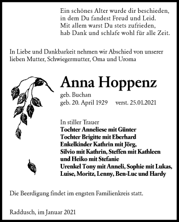 Traueranzeige von Anna Hoppenz von lausitzer_rundschau