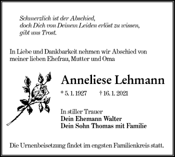 Traueranzeige von Anneliese Lehmann von lausitzer_rundschau
