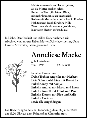 Traueranzeige von Anneliese Macke von lausitzer_rundschau