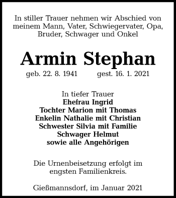 Traueranzeige von Armin Stephan von lausitzer_rundschau