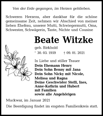 Traueranzeige von Beate Witzke von lausitzer_rundschau