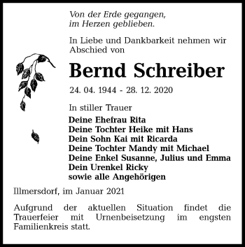 Traueranzeige von Bernd Schreiber von lausitzer_rundschau