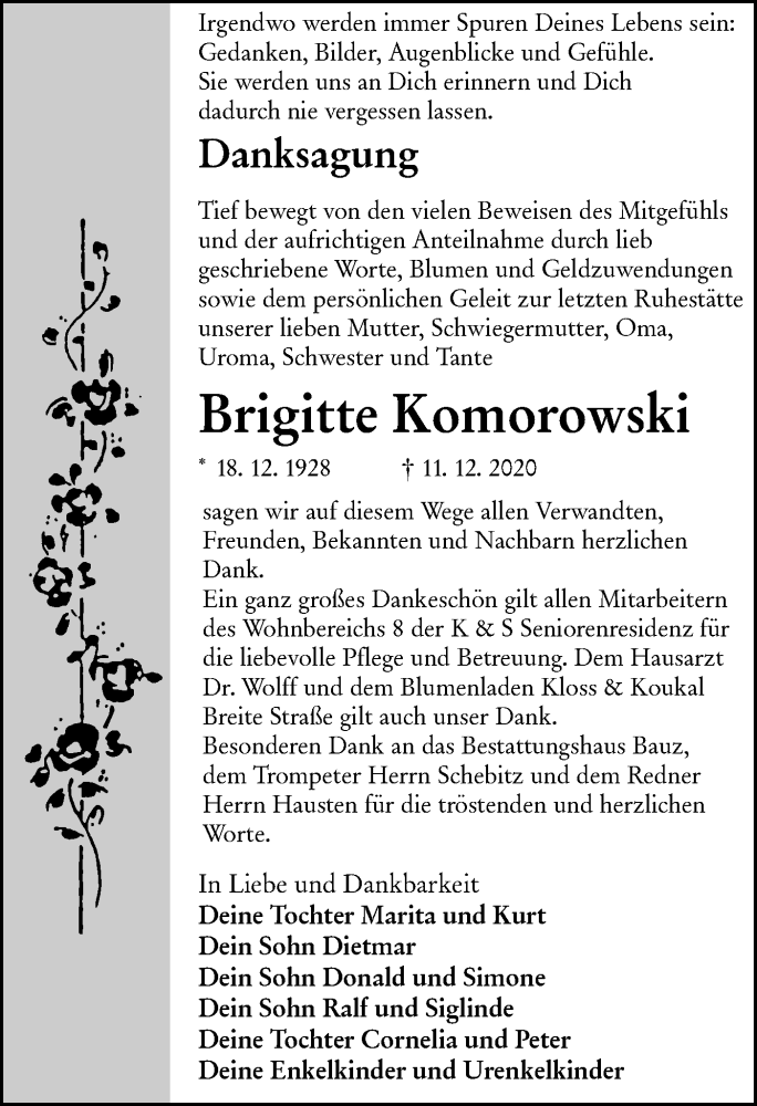  Traueranzeige für Brigitte Komorowski vom 16.01.2021 aus lausitzer_rundschau