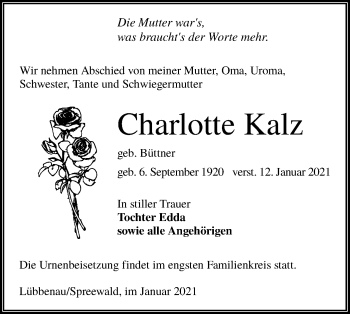 Traueranzeige von Charlotte Kalz von lausitzer_rundschau