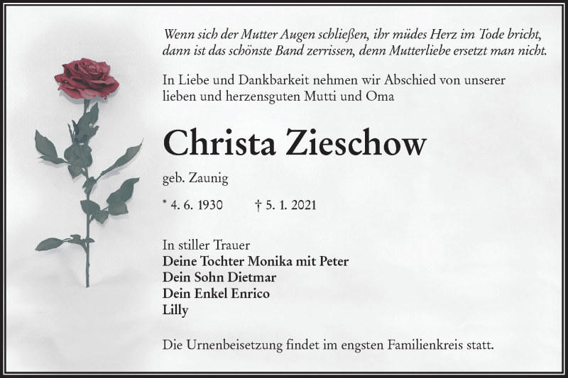  Traueranzeige für Christa Zieschow vom 16.01.2021 aus lausitzer_rundschau