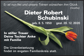 Traueranzeige von Dieter Robert Schubinski von lausitzer_rundschau