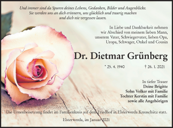 Traueranzeige von Dietmar Grünberg von lausitzer_rundschau