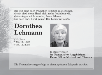 Traueranzeige von Dorothea Lehmann von lausitzer_rundschau