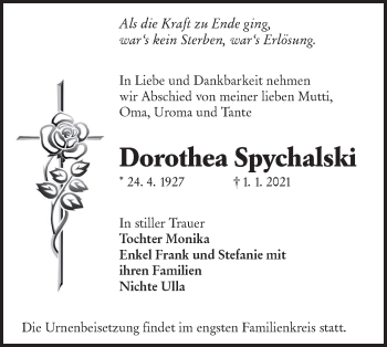 Traueranzeige von Dorothea Spychalski von lausitzer_rundschau