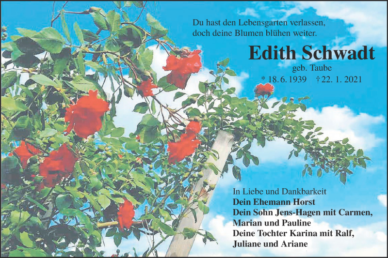  Traueranzeige für Edith Schwadt vom 30.01.2021 aus lausitzer_rundschau