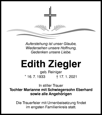 Traueranzeige von Edith Ziegler von lausitzer_rundschau