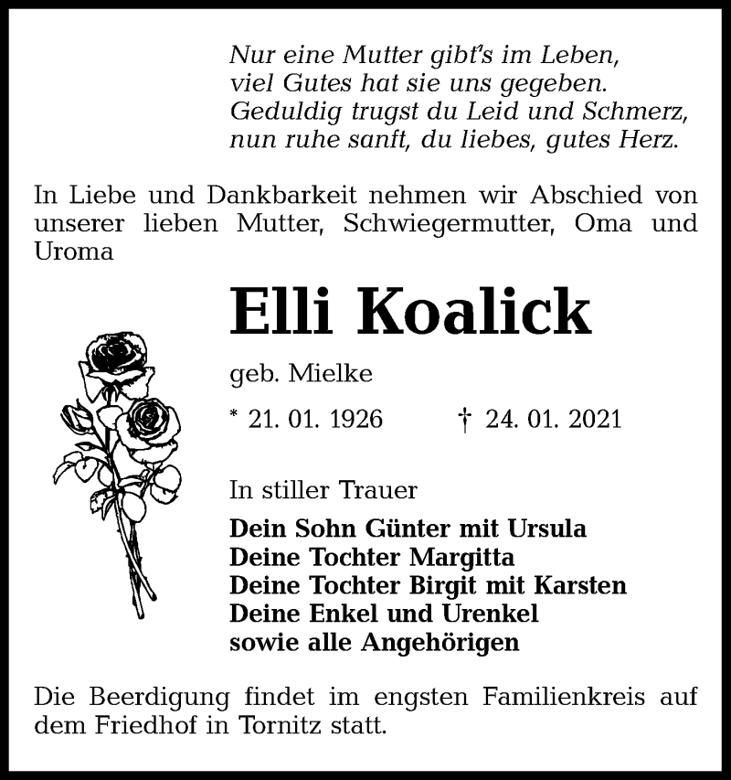  Traueranzeige für Elli Koalick vom 30.01.2021 aus lausitzer_rundschau