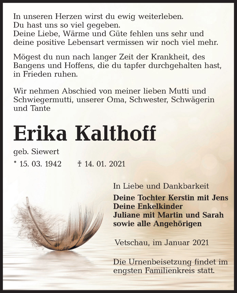  Traueranzeige für Erika Kalthoff vom 30.01.2021 aus lausitzer_rundschau
