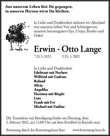 Traueranzeige von Erwin-Otto Lange von lausitzer_rundschau