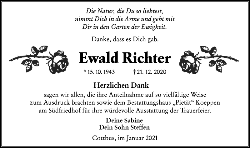  Traueranzeige für Ewald Richter vom 29.01.2021 aus lausitzer_rundschau