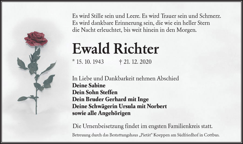  Traueranzeige für Ewald Richter vom 09.01.2021 aus lausitzer_rundschau