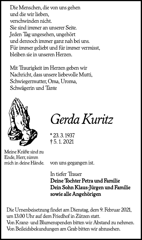  Traueranzeige für Gerda Kuritz vom 16.01.2021 aus lausitzer_rundschau
