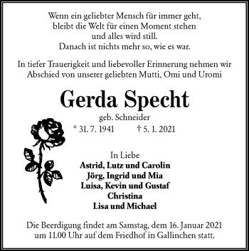 Traueranzeige von Gerda Specht von lausitzer_rundschau