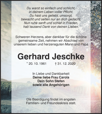 Traueranzeige von Gerhard Jeschke von lausitzer_rundschau