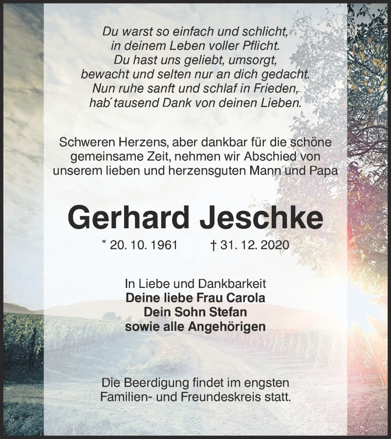  Traueranzeige für Gerhard Jeschke vom 09.01.2021 aus lausitzer_rundschau