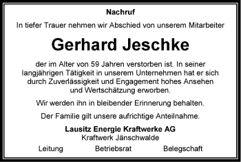 Traueranzeige von Gerhard Jeschke von lausitzer_rundschau