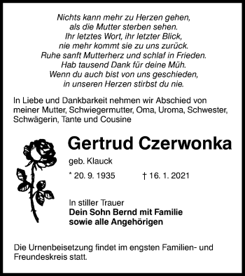 Traueranzeige von Gertrud Czerwonka von lausitzer_rundschau