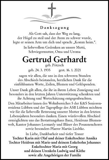 Traueranzeige von Gertrud Gerhardt von lausitzer_rundschau