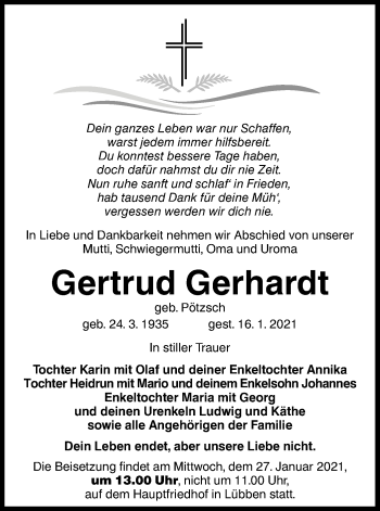 Traueranzeige von Gertrud Gerhardt von lausitzer_rundschau