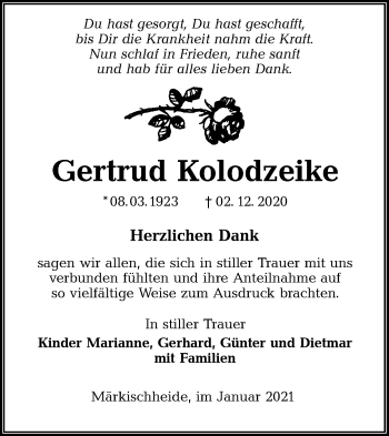 Traueranzeige von Gertrud Kolodzeike von lausitzer_rundschau