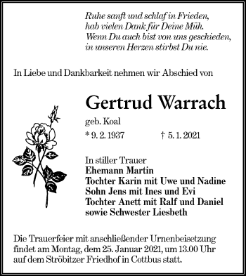 Traueranzeige von Gertrud Warrach von lausitzer_rundschau