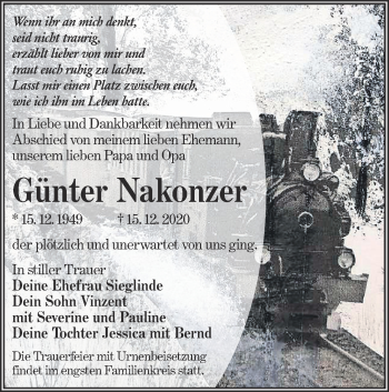 Traueranzeige von Günter Nakonzer von lausitzer_rundschau