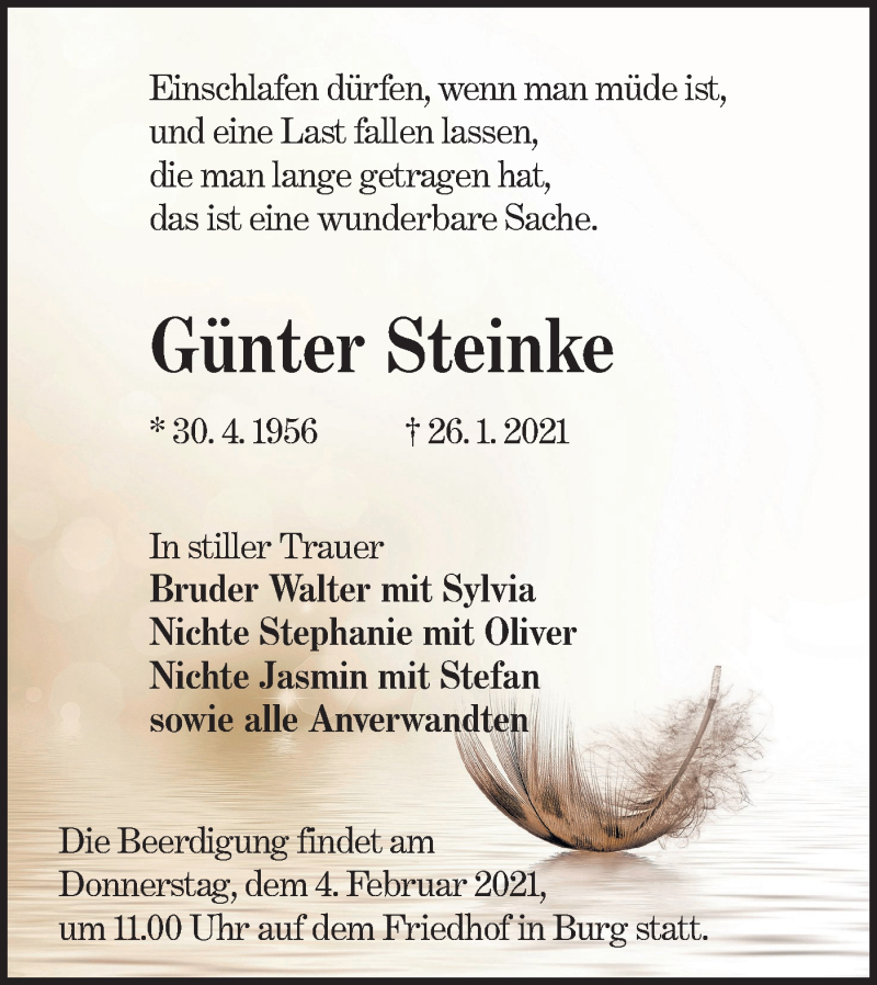  Traueranzeige für Günter Steinke vom 30.01.2021 aus lausitzer_rundschau