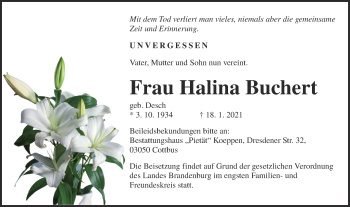 Traueranzeige von Halina Buchert von lausitzer_rundschau