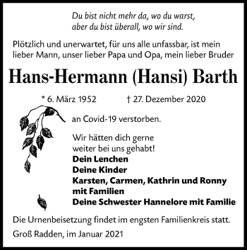 Traueranzeige von Hans-Hermann Barth von lausitzer_rundschau