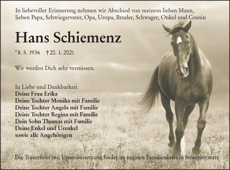 Traueranzeige für Hans Schiemenz vom 30.01.2021 aus lausitzer_rundschau