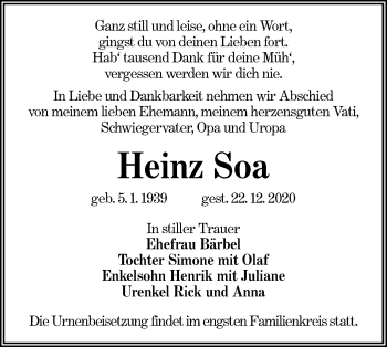 Traueranzeige von Heinz Soa von lausitzer_rundschau