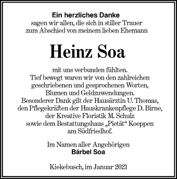 Traueranzeige von Heinz Soa von lausitzer_rundschau