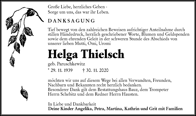  Traueranzeige für Helga Thielsch vom 09.01.2021 aus lausitzer_rundschau