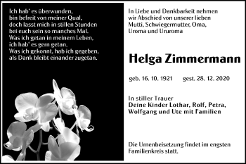 Traueranzeige von Helga Zimmerman von lausitzer_rundschau