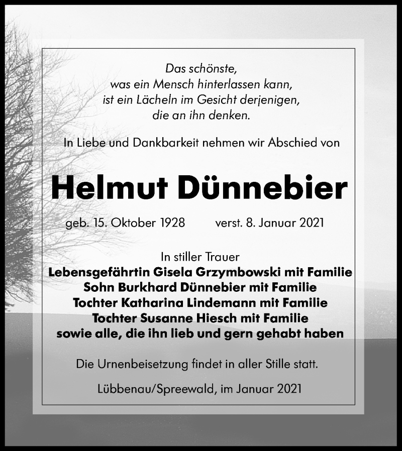 Traueranzeige für Helmut Dünnebier vom 16.01.2021 aus lausitzer_rundschau