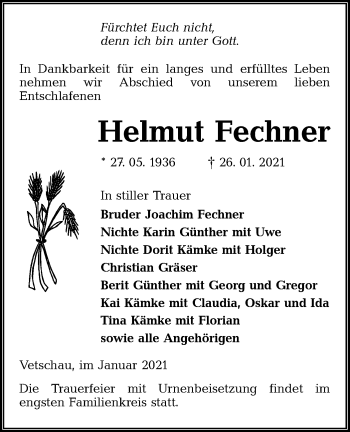 Traueranzeige von Helmut Fechner von lausitzer_rundschau