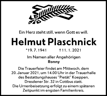 Traueranzeige von Helmut Plaschnick von lausitzer_rundschau